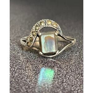 925 STERLING SILVER ABALONE & MARCASITES RING SIZE 6.75 SKY